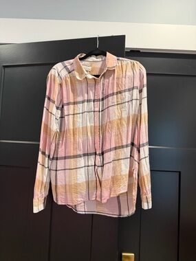 LOFT Pink and Tan Plaid Button-Down Shirt